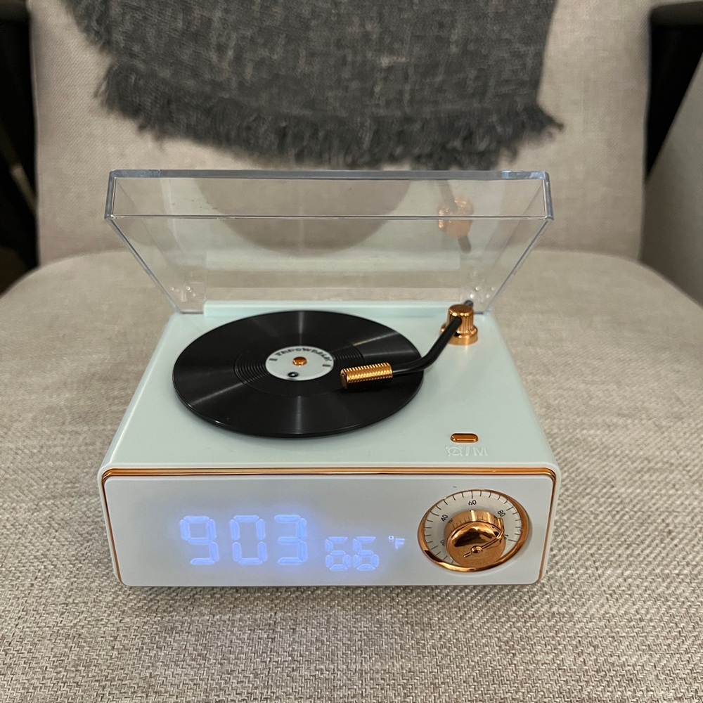Light blue portable Bluetooth record player and radio